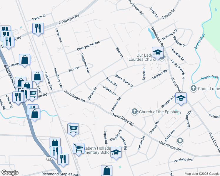 map of restaurants, bars, coffee shops, grocery stores, and more near 8216 Galway Lane in Richmond