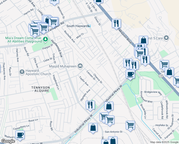 map of restaurants, bars, coffee shops, grocery stores, and more near 29273 Chance Street in Hayward