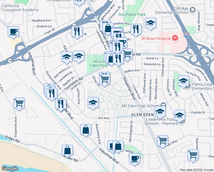 map of restaurants, bars, coffee shops, grocery stores, and more near 2605 Oliver Drive in Hayward