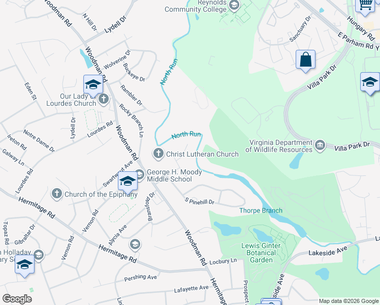 map of restaurants, bars, coffee shops, grocery stores, and more near 2109 Boxwood Place in Richmond