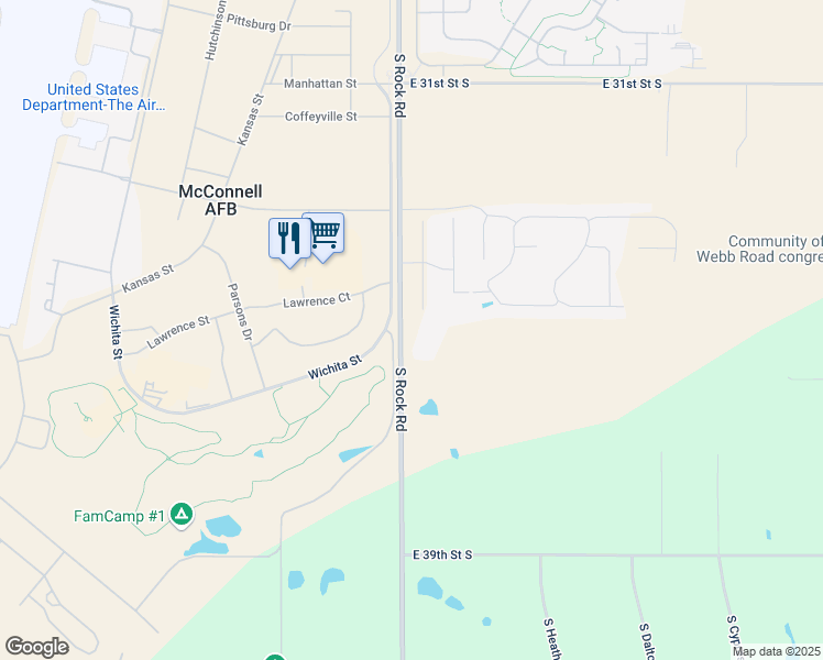 map of restaurants, bars, coffee shops, grocery stores, and more near 3636 South Rock Road in Wichita