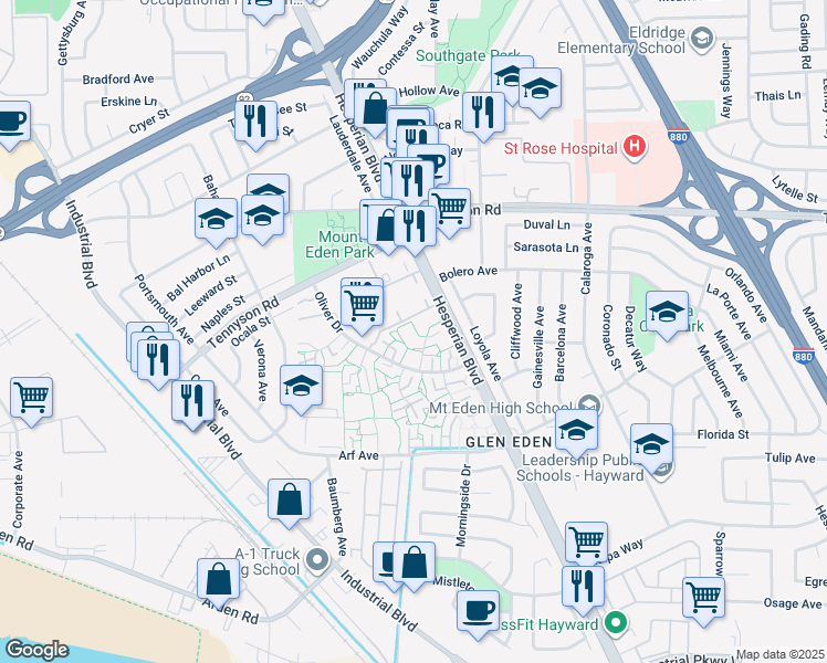 map of restaurants, bars, coffee shops, grocery stores, and more near 27439 Ponderosa Court in Hayward