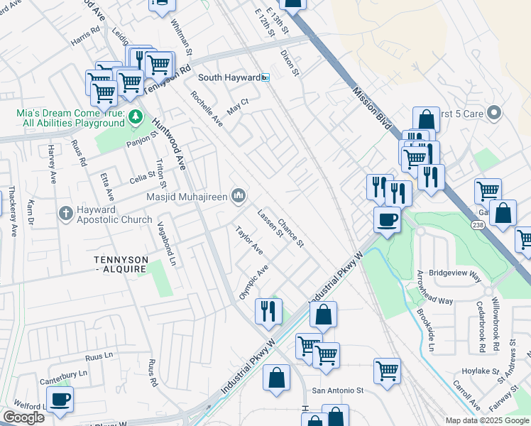 map of restaurants, bars, coffee shops, grocery stores, and more near 29273 Chance Street in Hayward