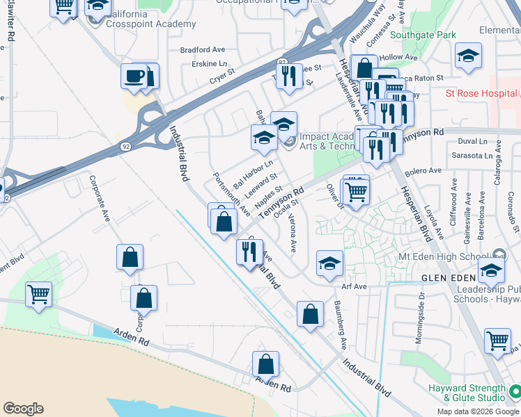 map of restaurants, bars, coffee shops, grocery stores, and more near 2780 Naples Street in Hayward