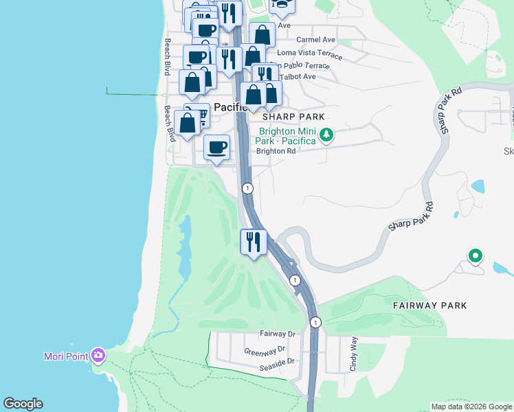 map of restaurants, bars, coffee shops, grocery stores, and more near 20 Eastlake Avenue in Pacifica
