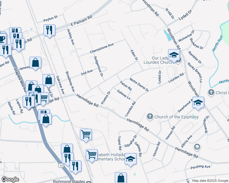 map of restaurants, bars, coffee shops, grocery stores, and more near 8223 Galway Lane in Richmond