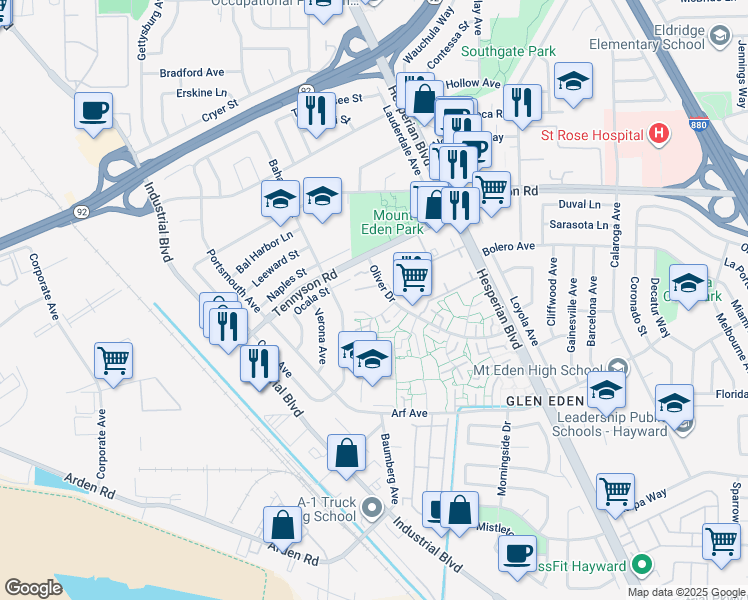 map of restaurants, bars, coffee shops, grocery stores, and more near 2666 Oliver Drive in Hayward