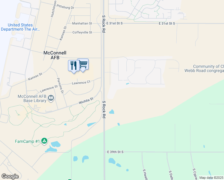 map of restaurants, bars, coffee shops, grocery stores, and more near 3632 South Rock Road in Wichita