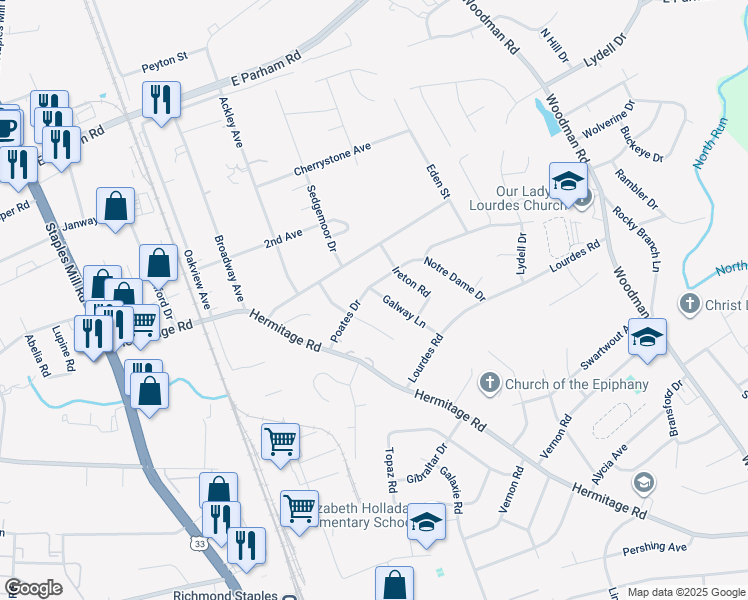 map of restaurants, bars, coffee shops, grocery stores, and more near 8223 Galway Lane in Richmond
