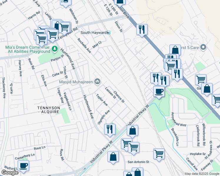 map of restaurants, bars, coffee shops, grocery stores, and more near 29337 Chance Street in Hayward