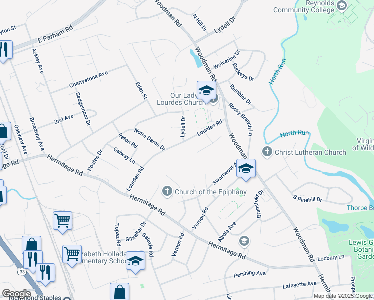 map of restaurants, bars, coffee shops, grocery stores, and more near 2313 Lourdes Road in Henrico
