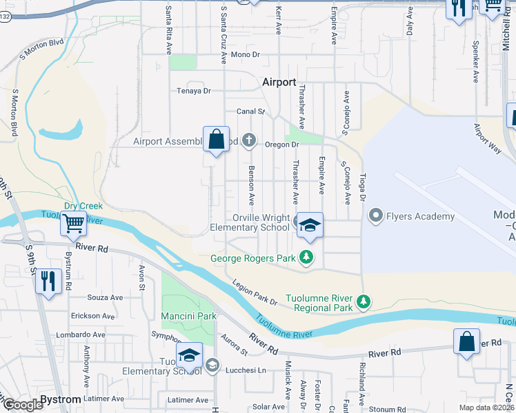 map of restaurants, bars, coffee shops, grocery stores, and more near 747 Kerr Avenue in Modesto