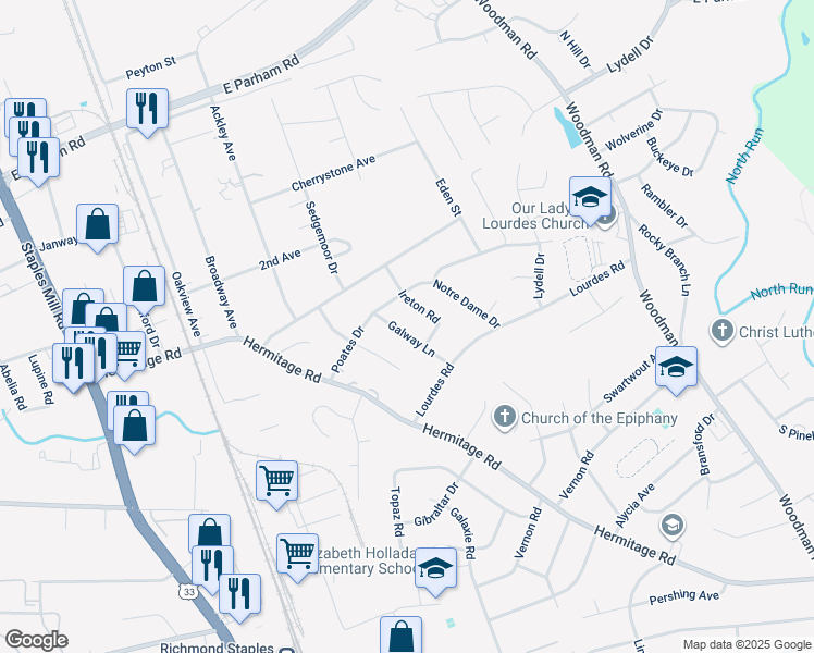 map of restaurants, bars, coffee shops, grocery stores, and more near 8218 Galway Lane in Richmond