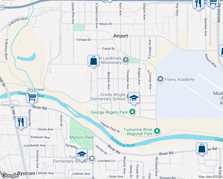 map of restaurants, bars, coffee shops, grocery stores, and more near 747 Kerr Avenue in Modesto