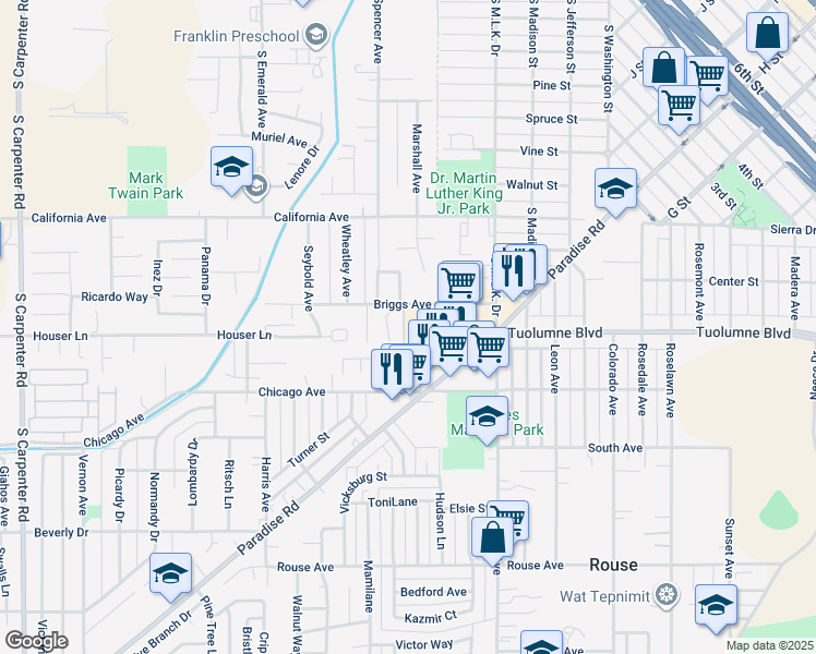 map of restaurants, bars, coffee shops, grocery stores, and more near 609 Jeelu Way in Modesto