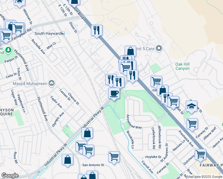 map of restaurants, bars, coffee shops, grocery stores, and more near 29626 Sohay Loop in Hayward