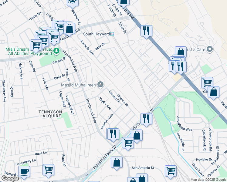 map of restaurants, bars, coffee shops, grocery stores, and more near 29337 Chance Street in Hayward