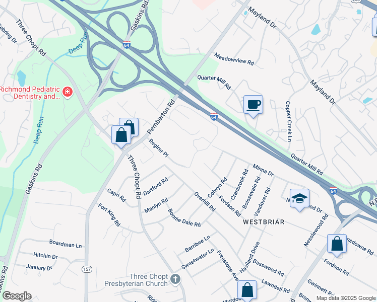 map of restaurants, bars, coffee shops, grocery stores, and more near 9708 Overhill Road in Richmond