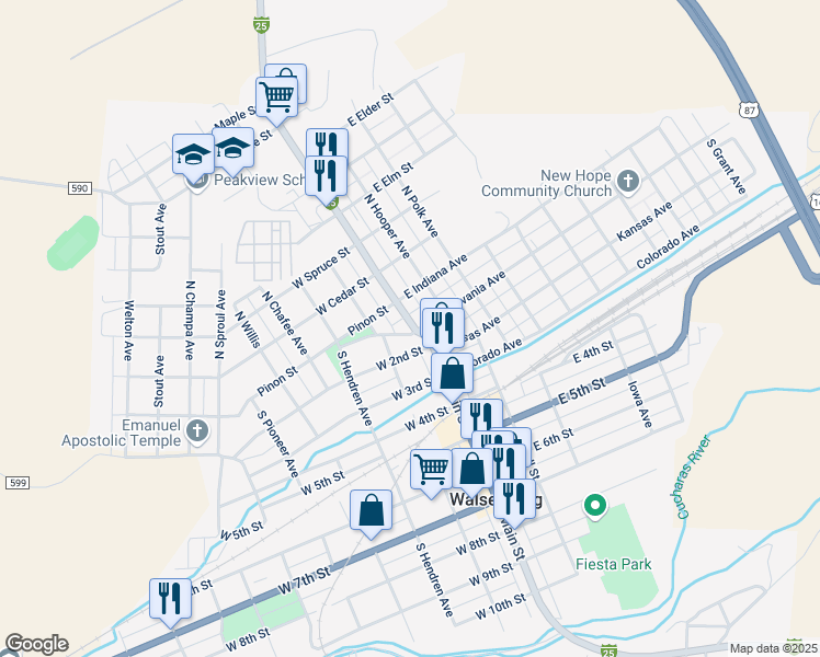 map of restaurants, bars, coffee shops, grocery stores, and more near 112-116 West 2nd Street in Walsenburg