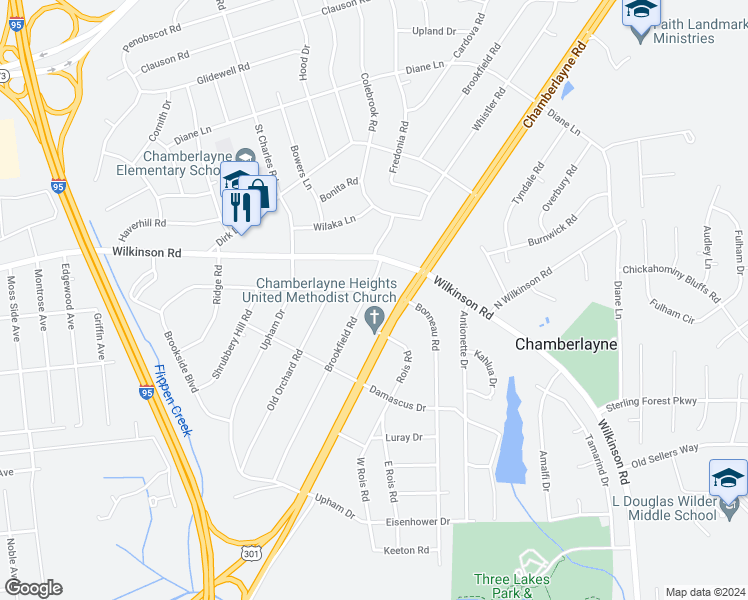 map of restaurants, bars, coffee shops, grocery stores, and more near 6019 Brookfield Road in Richmond