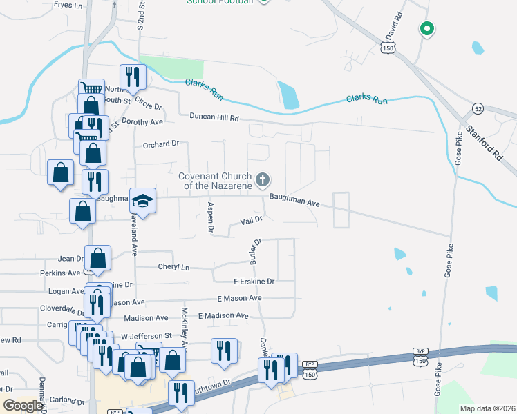 map of restaurants, bars, coffee shops, grocery stores, and more near 213 Vail Drive in Danville