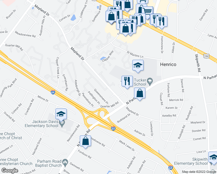 map of restaurants, bars, coffee shops, grocery stores, and more near 1907 Old Mayland Road in Henrico