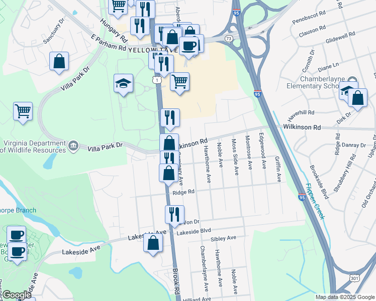 map of restaurants, bars, coffee shops, grocery stores, and more near 7603 Seminary Avenue in Richmond