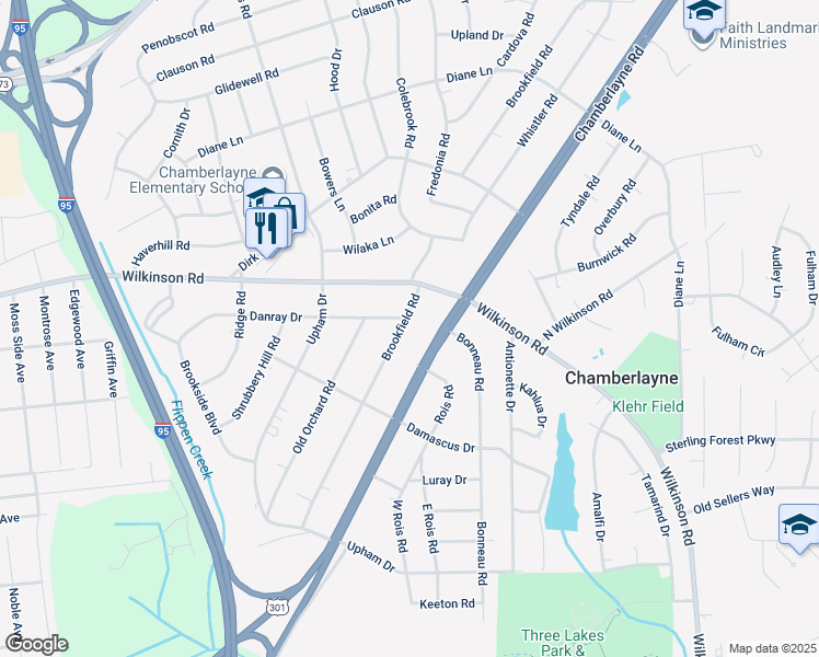 map of restaurants, bars, coffee shops, grocery stores, and more near 6019 Brookfield Road in Richmond