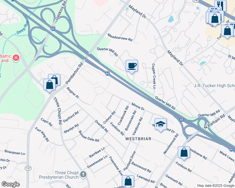 map of restaurants, bars, coffee shops, grocery stores, and more near 9404 Minna Drive in Henrico