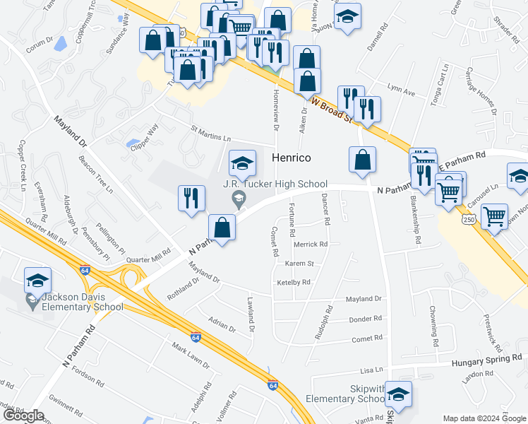 map of restaurants, bars, coffee shops, grocery stores, and more near 2915 North Parham Road in Henrico