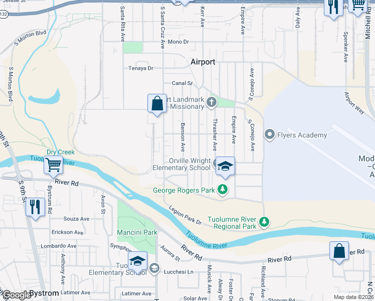 map of restaurants, bars, coffee shops, grocery stores, and more near 747 Kerr Avenue in Modesto
