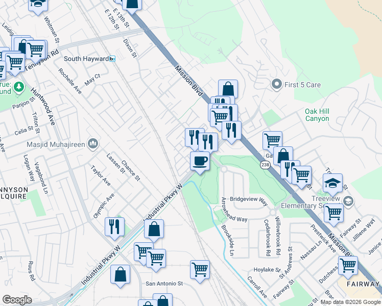 map of restaurants, bars, coffee shops, grocery stores, and more near 29626 Sohay Loop in Hayward