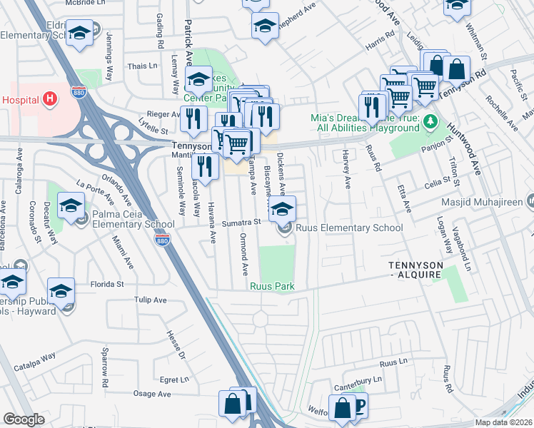 map of restaurants, bars, coffee shops, grocery stores, and more near 27954 Biscayne Avenue in Hayward