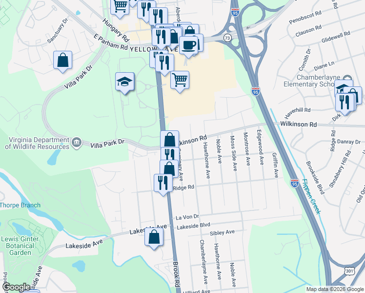 map of restaurants, bars, coffee shops, grocery stores, and more near 7603 Seminary Avenue in Richmond