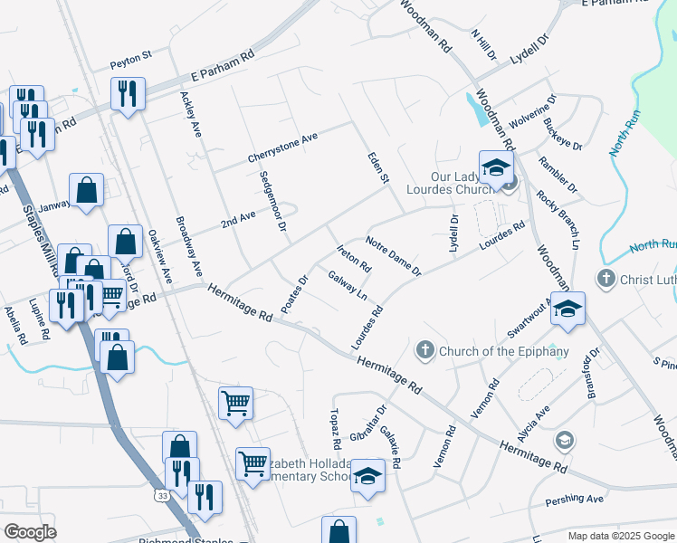 map of restaurants, bars, coffee shops, grocery stores, and more near 8220 Galway Lane in Richmond
