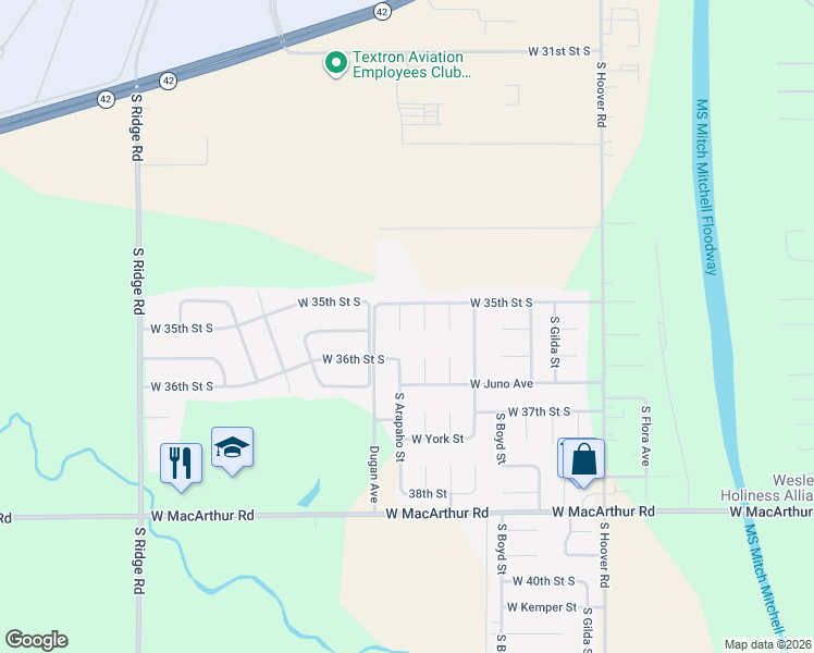 map of restaurants, bars, coffee shops, grocery stores, and more near 6299 Juno Court in Wichita
