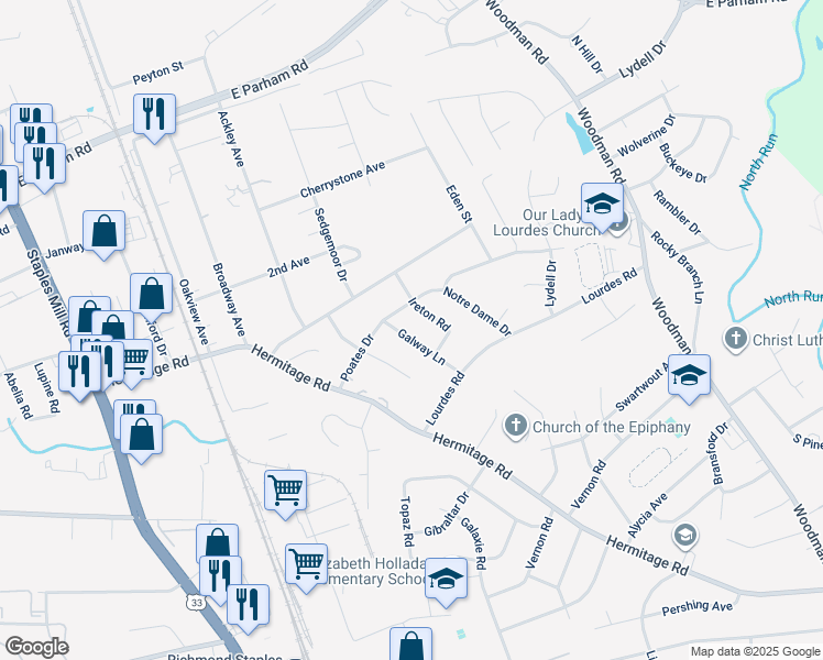 map of restaurants, bars, coffee shops, grocery stores, and more near 8220 Galway Lane in Richmond