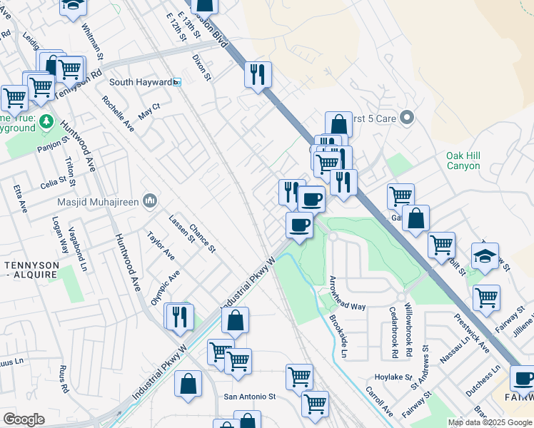 map of restaurants, bars, coffee shops, grocery stores, and more near 136 Vivid Lane in Hayward