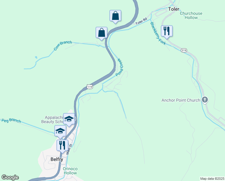map of restaurants, bars, coffee shops, grocery stores, and more near 2 Varney Drive in Belfry
