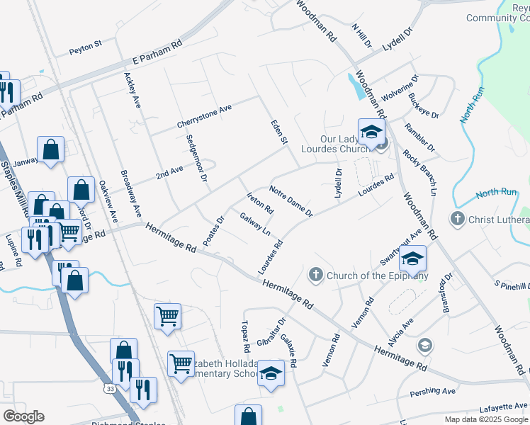 map of restaurants, bars, coffee shops, grocery stores, and more near 8217 Ireton Road in Richmond
