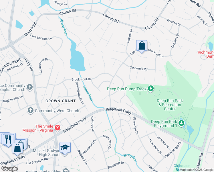 map of restaurants, bars, coffee shops, grocery stores, and more near 2200 Grainmill Court in Richmond