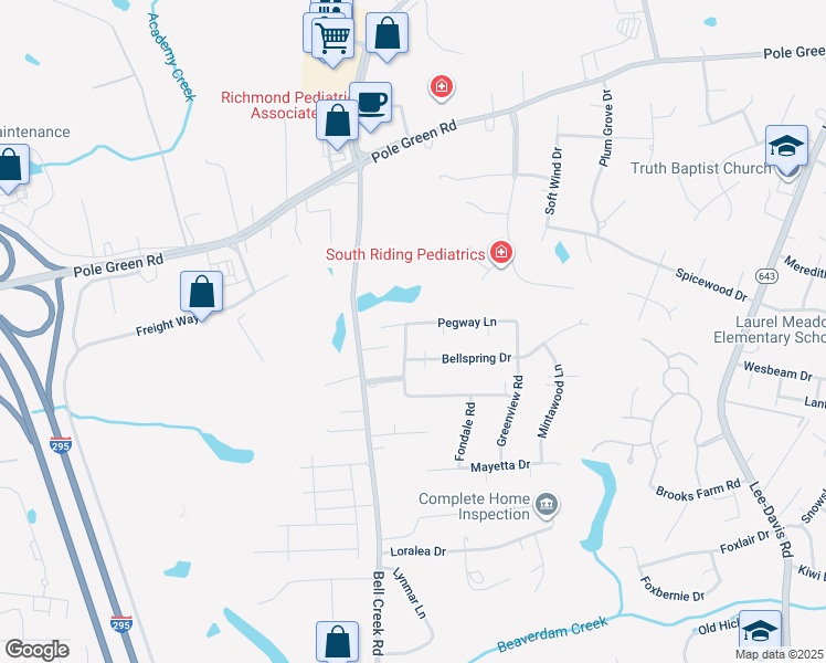 map of restaurants, bars, coffee shops, grocery stores, and more near 7267 Pegway Lane in Mechanicsville
