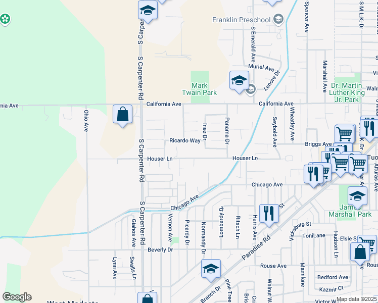map of restaurants, bars, coffee shops, grocery stores, and more near 1208 Houser Lane in Modesto