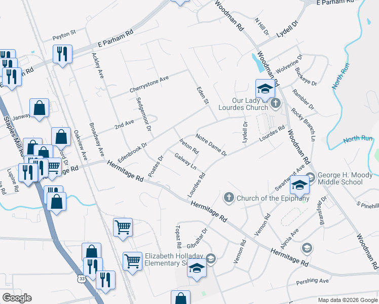 map of restaurants, bars, coffee shops, grocery stores, and more near 8212 Galway Lane in Richmond