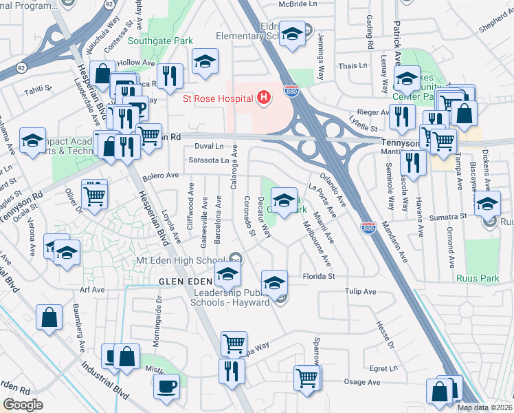 map of restaurants, bars, coffee shops, grocery stores, and more near 27685 Decatur Way in Hayward
