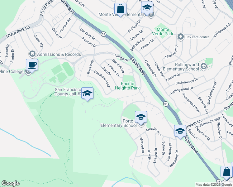 map of restaurants, bars, coffee shops, grocery stores, and more near 3320 Longview Drive in San Bruno