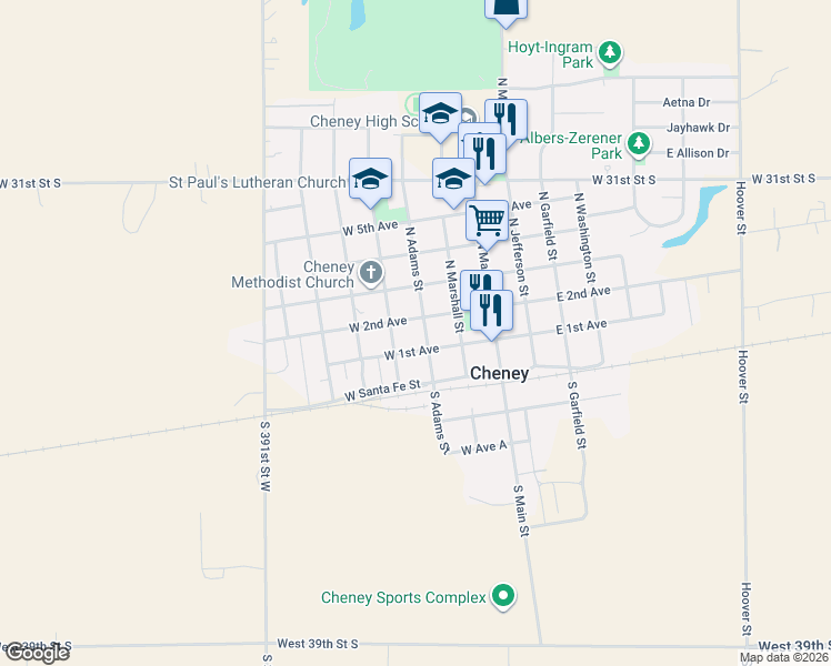 map of restaurants, bars, coffee shops, grocery stores, and more near 227 E 1st Ave in Cheney