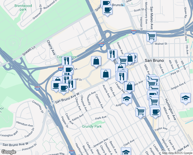 map of restaurants, bars, coffee shops, grocery stores, and more near 1111 Bayhill Drive in San Bruno