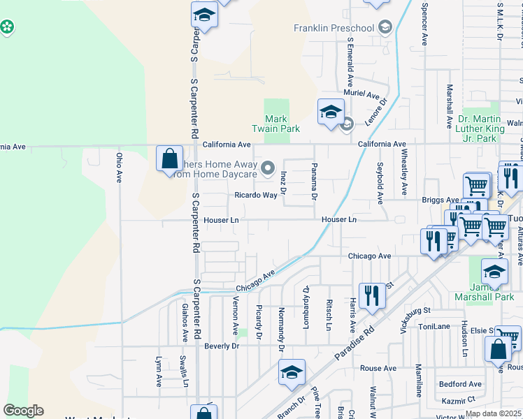 map of restaurants, bars, coffee shops, grocery stores, and more near 1225 Houser Lane in Modesto