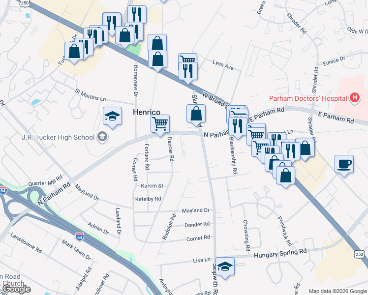 map of restaurants, bars, coffee shops, grocery stores, and more near 3109 North Parham Road in Richmond